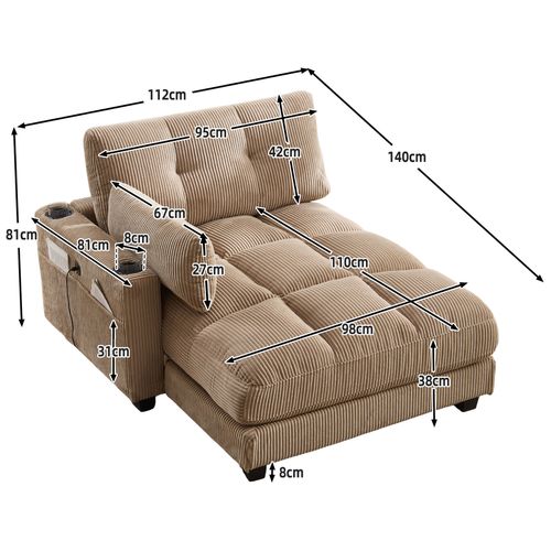 Méridienne 1 Places, Pour Canapé Modulables, Revêtement En Velours Côtelé, Avec Ports USB