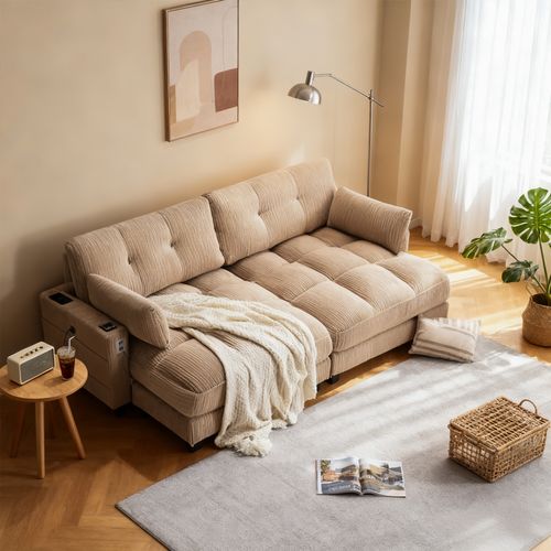 Méridienne 1 Places, Pour Canapé Modulables, Revêtement En Velours Côtelé, Avec Ports USB