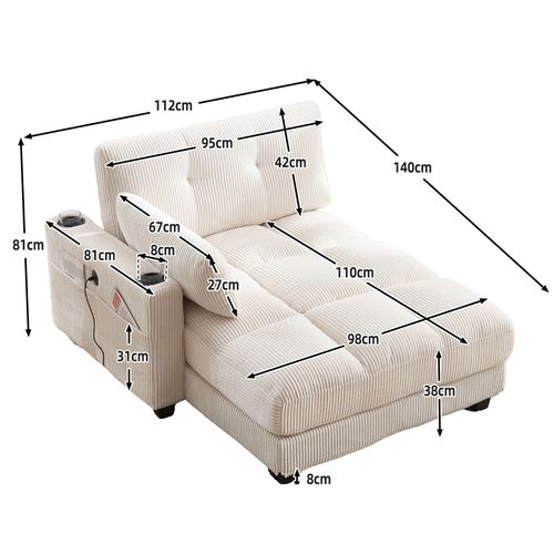 Méridienne 1 Places, Pour Canapé Modulables, Revêtement En Velours Côtelé, Avec Ports USB