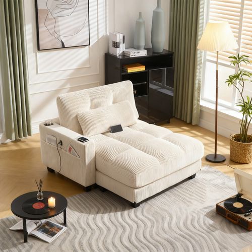 Méridienne 1 Places, Pour Canapé Modulables, Revêtement En Velours Côtelé, Avec Ports USB