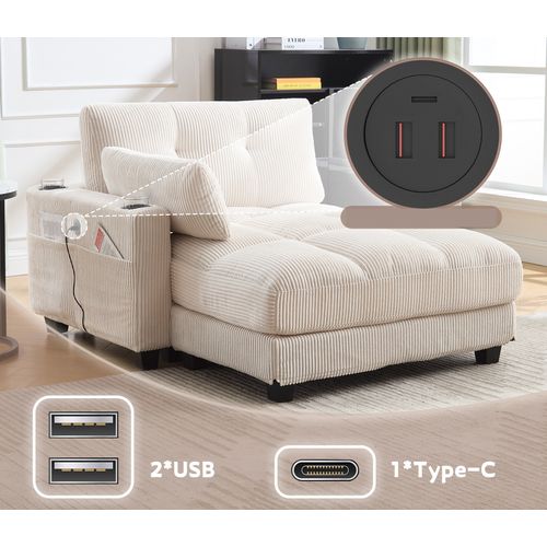 Méridienne 1 Places, Pour Canapé Modulables, Revêtement En Velours Côtelé, Avec Ports USB