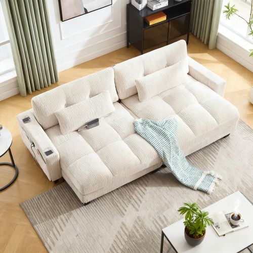 Méridienne 1 Places, Pour Canapé Modulables, Revêtement En Velours Côtelé, Avec Ports USB