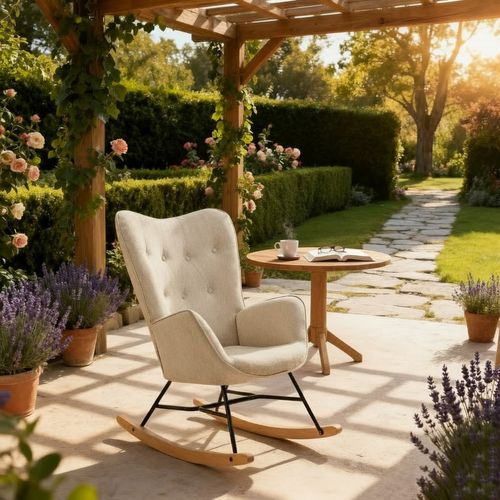 Fauteuil à Bascule Rocking Chair Scandinave De Jardin En Tissu Beige