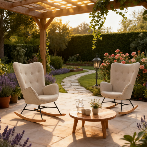 Fauteuil à Bascule Rocking Chair Scandinave De Jardin En Tissu Beige