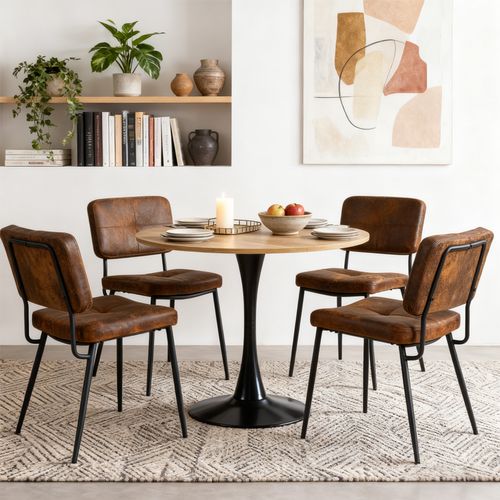 Ensemble Table Bois/pied Noir + 4 Chaises Suédine
