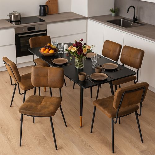 Ensemble Table Extensible Noire Pieds Or + 6 Chaises Suédine