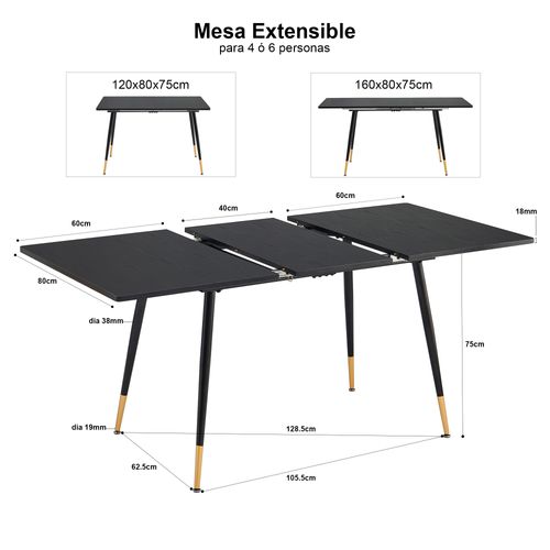 Ensemble Table Extensible Noire Pieds Or + 6 Chaises Suédine