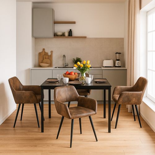 Ensemble Table Extensible Noire + 4 Chaises Coquille Suédine Marron
