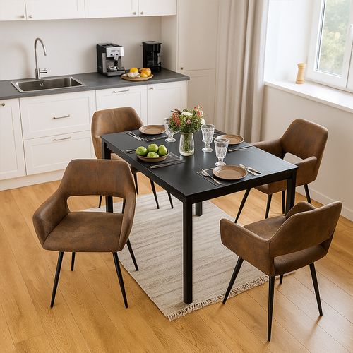 Ensemble Table Extensible Noire + 4 Chaises Coquille Suédine Marron