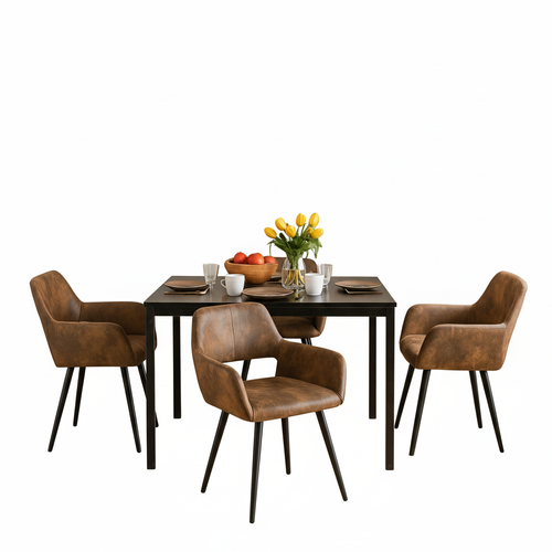 Ensemble Table Extensible Noire + 4 Chaises Coquille Suédine Marron
