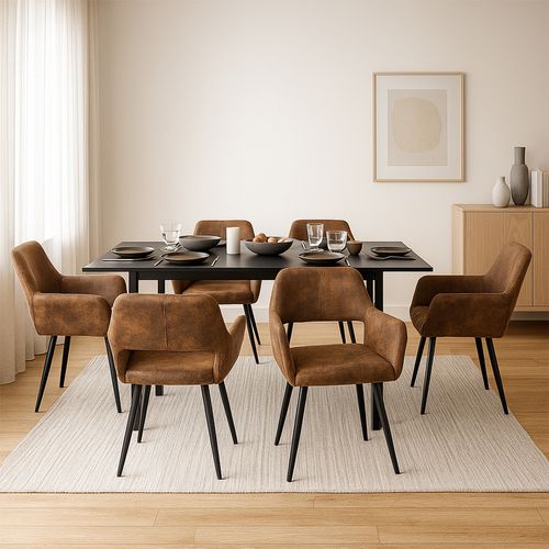 Ensemble Table Extensible Noire + 6 Chaises Coquille Suédine Marron
