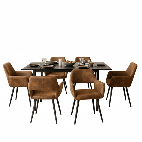 Ensemble Table Extensible Noire + 6 Chaises Coquille Suédine Marron