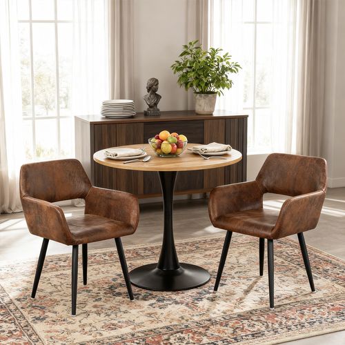 Ensemble Table Bois/pied Noir + 2 Chaises Coquille Suédine Marron