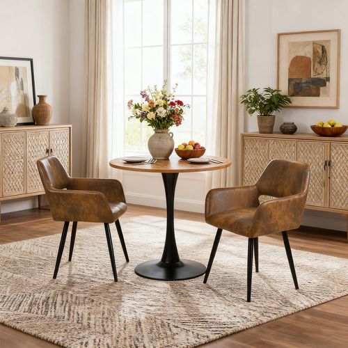 Ensemble Table Bois/pied Noir + 2 Chaises Coquille Suédine Marron