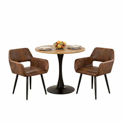 Ensemble Table Bois/pied Noir + 2 Chaises Coquille Suédine Marron