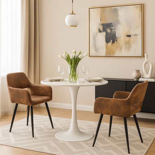 Ensemble Table Blanche + 2 Chaises Coquille Suédine Marron