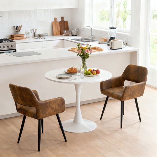 Ensemble Table Blanche + 2 Chaises Coquille Suédine Marron