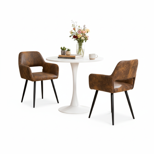 Ensemble Table Blanche + 2 Chaises Coquille Suédine Marron