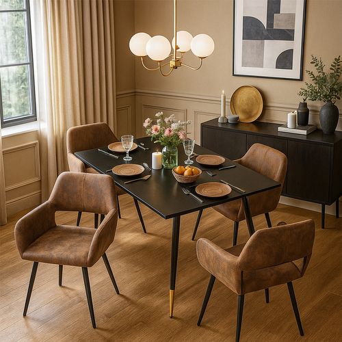 Ensemble Table Extensible Noire Pieds Or + 4 Chaises Coquille Suédine Marron