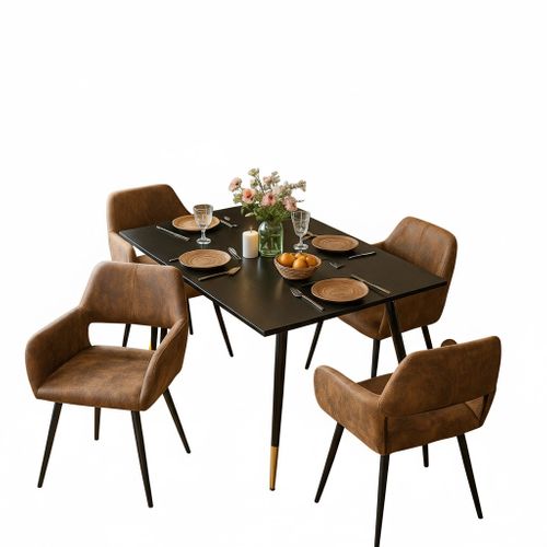 Ensemble Table Extensible Noire Pieds Or + 4 Chaises Coquille Suédine Marron