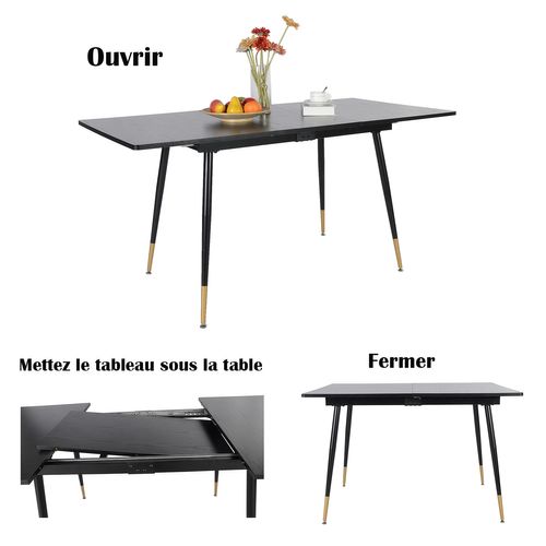 Ensemble Table Extensible Noire Pieds Or + 4 Chaises Coquille Suédine Marron