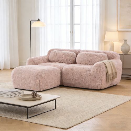 Canapé Modulable, 2 Places, Sans Assemblage Requis, Revêtement En Tissu Effet Fausse Fourrure, Rose