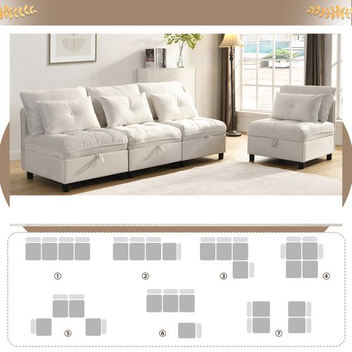 Canapé Modulable, 4 Places, Coffre De Rangement, Revêtement En Tissu