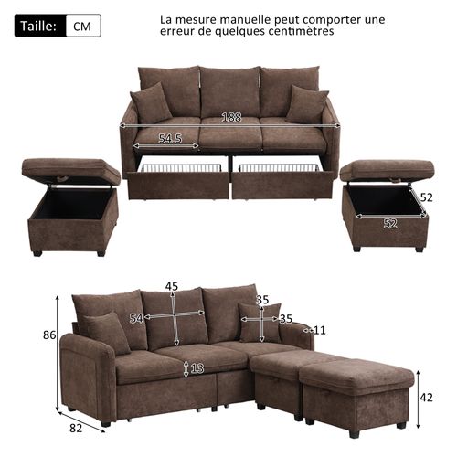 Canapé D'angle, 3 Places, Coffre De Rangement, Revêtement En Tissu