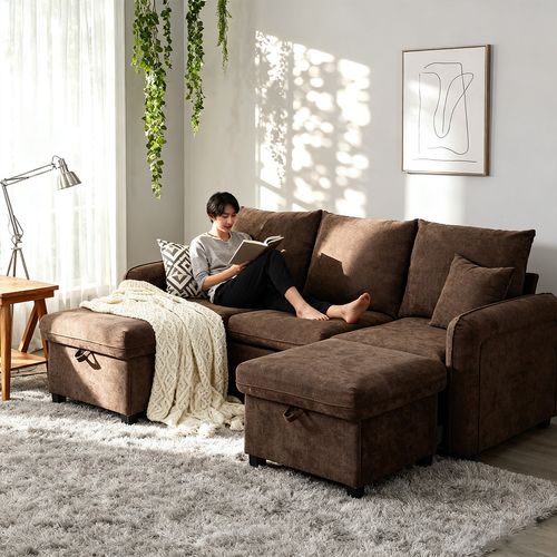 Canapé D'angle, 3 Places, Coffre De Rangement, Revêtement En Tissu