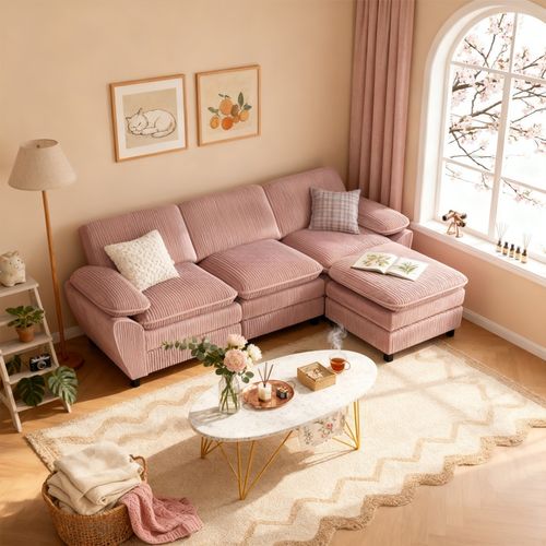 Canapé D'angle, 3 Places, Avec Repose-pieds, Revêtement En Velours Côtelé