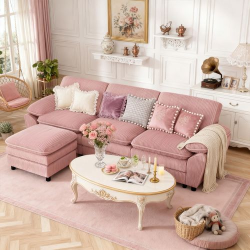 Canapé D'angle, 3 Places, Avec Repose-pieds, Revêtement En Velours Côtelé