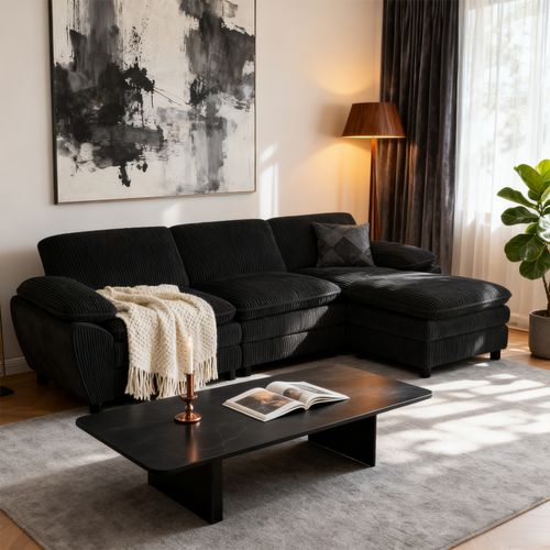 Canapé D'angle, 3 Places, Avec Repose-pieds, Revêtement En Velours Côtelé