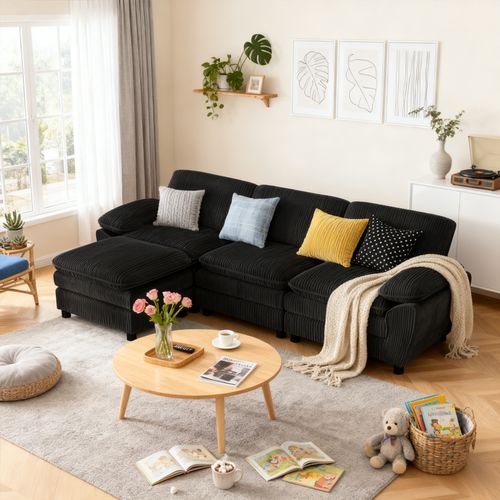 Canapé D'angle, 3 Places, Avec Repose-pieds, Revêtement En Velours Côtelé