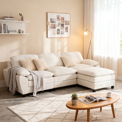 Canapé D'angle, 3 Places, Avec Repose-pieds, Revêtement En Velours Côtelé