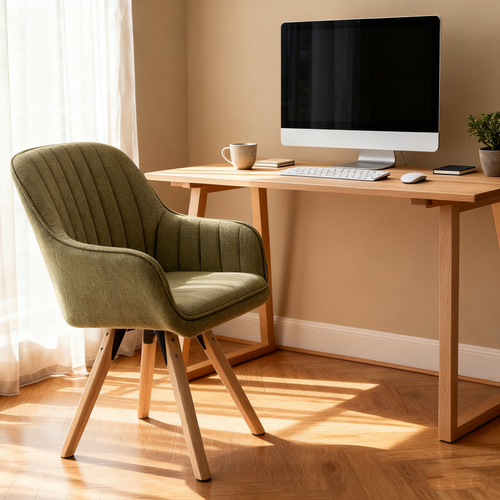 Fauteuil De Bureau Pivotant Avec Accoudoirs En Tissu Pieds En Bois, Vert