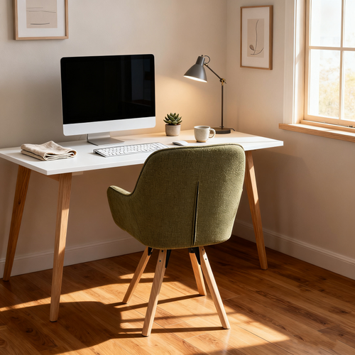 Fauteuil De Bureau Pivotant Avec Accoudoirs En Tissu Pieds En Bois, Vert