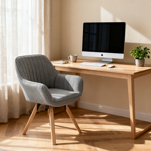 Fauteuil De Bureau Pivotant Avec Accoudoirs En Tissu Pieds En Bois, Gris