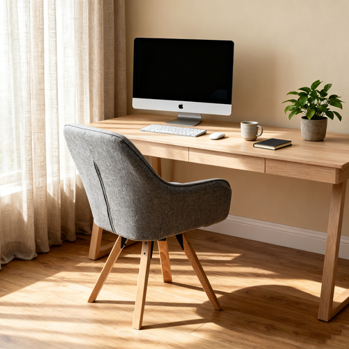 Fauteuil De Bureau Pivotant Avec Accoudoirs En Tissu Pieds En Bois, Gris