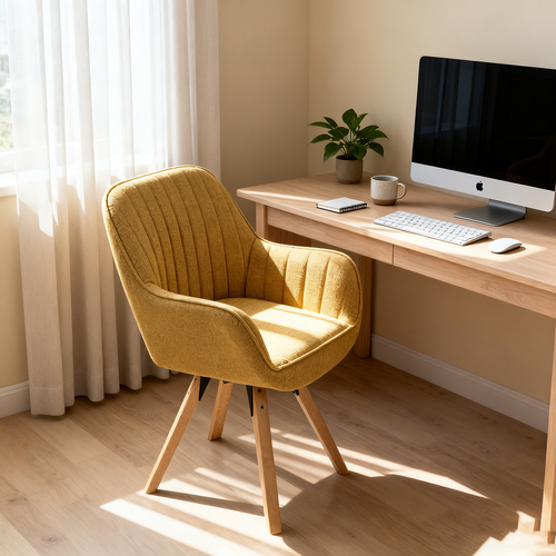 Fauteuil De Bureau Pivotant Avec Accoudoirs En Tissu Pieds En Bois, Jaune