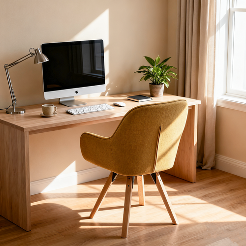 Fauteuil De Bureau Pivotant Avec Accoudoirs En Tissu Pieds En Bois, Jaune