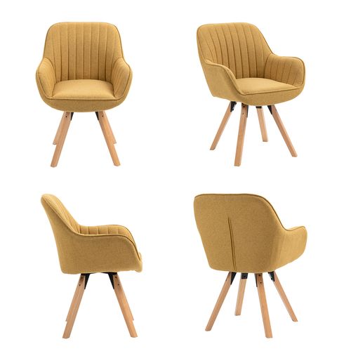 Fauteuil De Bureau Pivotant Avec Accoudoirs En Tissu Pieds En Bois, Jaune