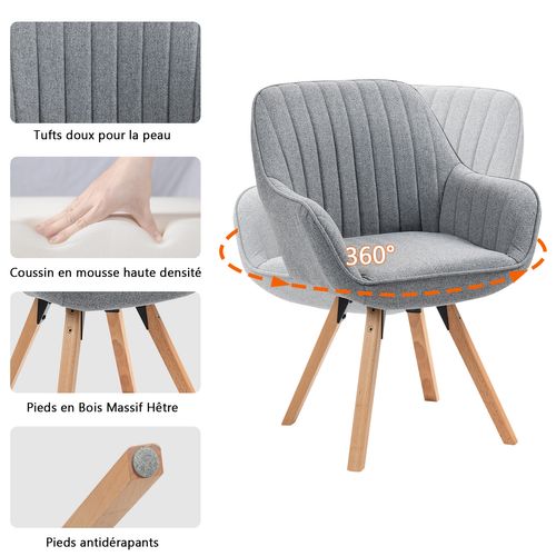 Lot De 2 Fauteuils De Bureau Pivotants Avec Accoudoirs Pieds En Bois, Gris