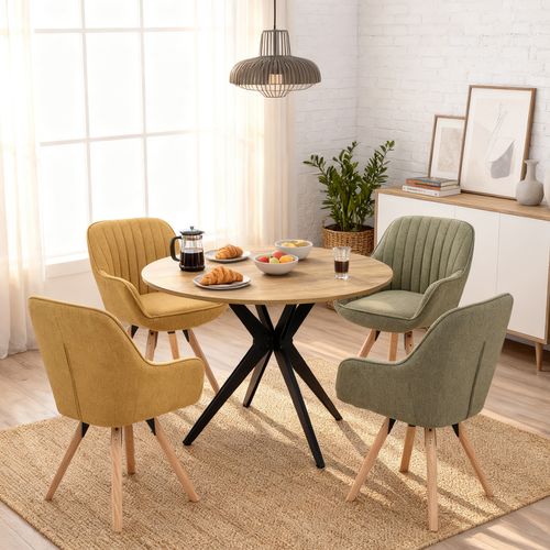 Table Salle à Manger Avec 4 Chaises, Ensemble De 5 Meubles, Bois Clair + Vert + Jaune