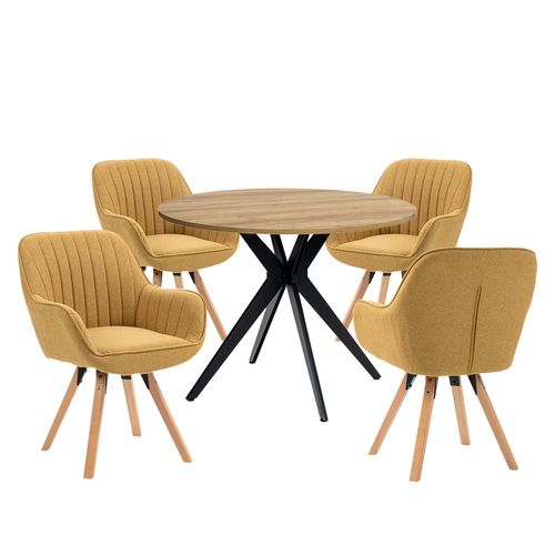 Table Salle à Manger Avec 4 Chaises, Ensemble De 5 Meubles, Bois Clair + Jaune
