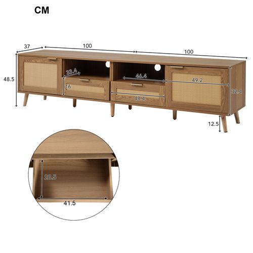 Meuble TV En Rotin, Avec 2 Portes Et 2 Tiroirs, 200x37x49cm