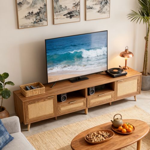 Meuble TV En Rotin, Avec 2 Portes Et 2 Tiroirs, 200x37x49cm