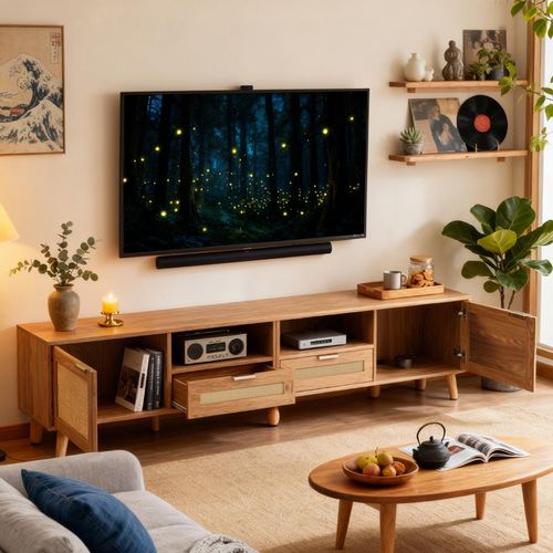 Meuble TV En Rotin, Avec 2 Portes Et 2 Tiroirs, 200x37x49cm