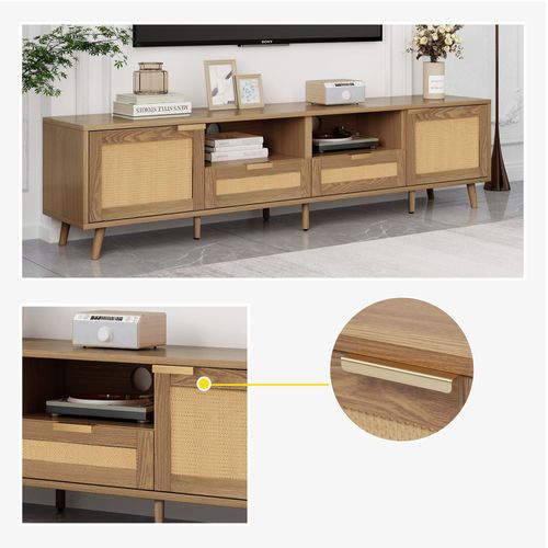 Meuble TV En Rotin, Avec 2 Portes Et 2 Tiroirs, 200x37x49cm