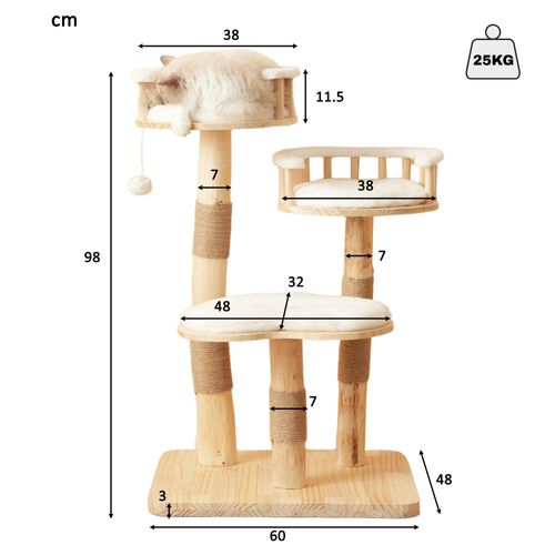 Arbre à Chat Hauteur 98 Cm En Bois, Avec 3 Plateformes, 1 Pompon, Tapis Amovibles