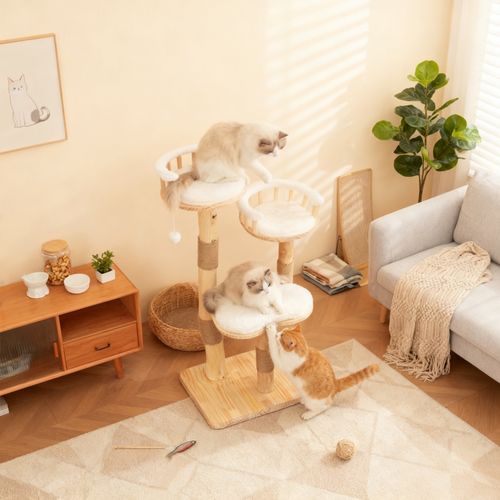 Arbre à Chat Hauteur 98 Cm En Bois, Avec 3 Plateformes, 1 Pompon, Tapis Amovibles
